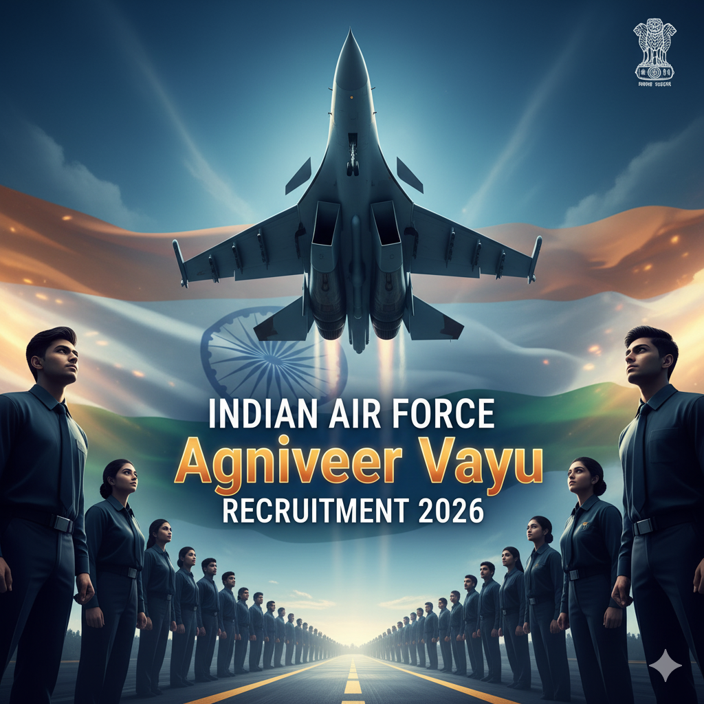 Indian Air Force Agniveer Vayu Recruitment 2026, featuring an IAF fighter jet.